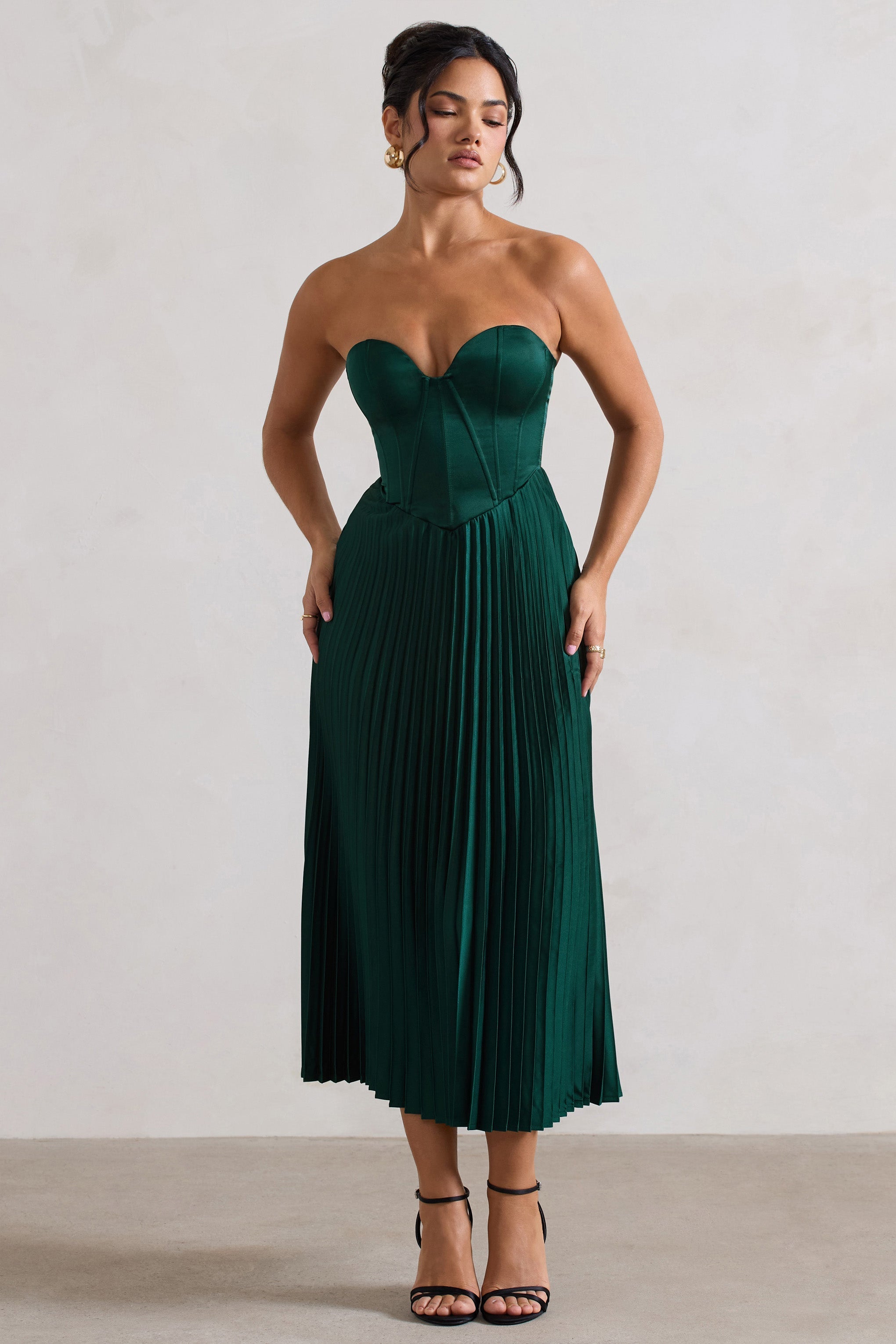 Bordeaux | Green Satin Corset Style Midi Dress