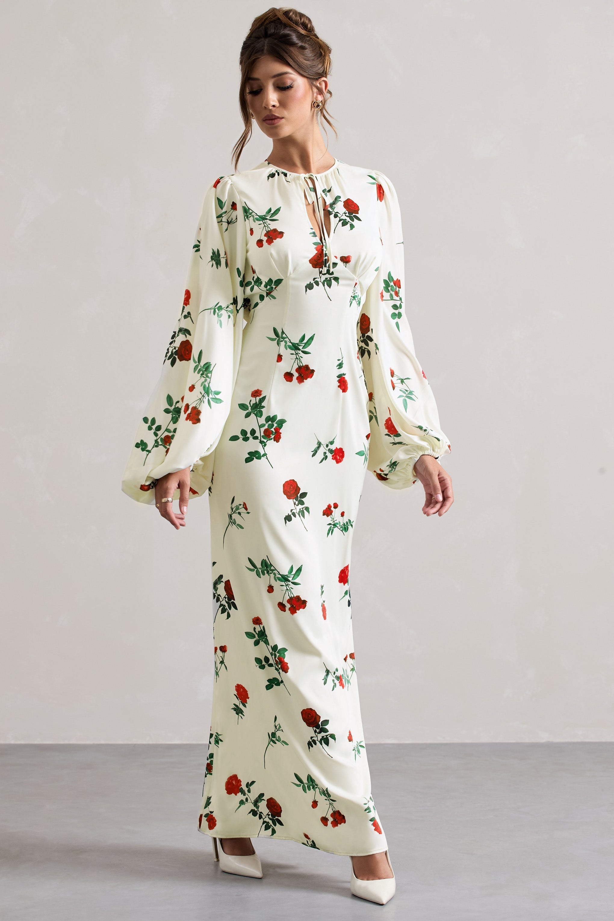 Wild Rose | Rose Print Satin Puff-Sleeve Cut-Out Maxi Dress