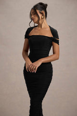 Paxos | Black Ruched Short-Sleeve Midi Dress