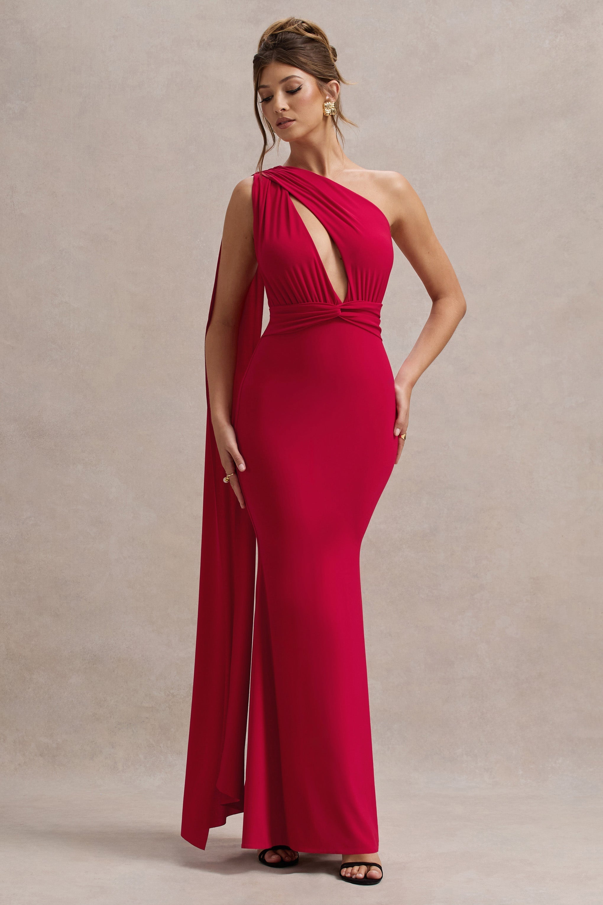 Elaina | Red Asymmetric Knot Maxi Dress With Sash