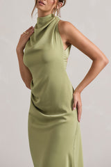 Sophina | Light Olive Satin Cowl-Neck Asymmetric Midi Dress
