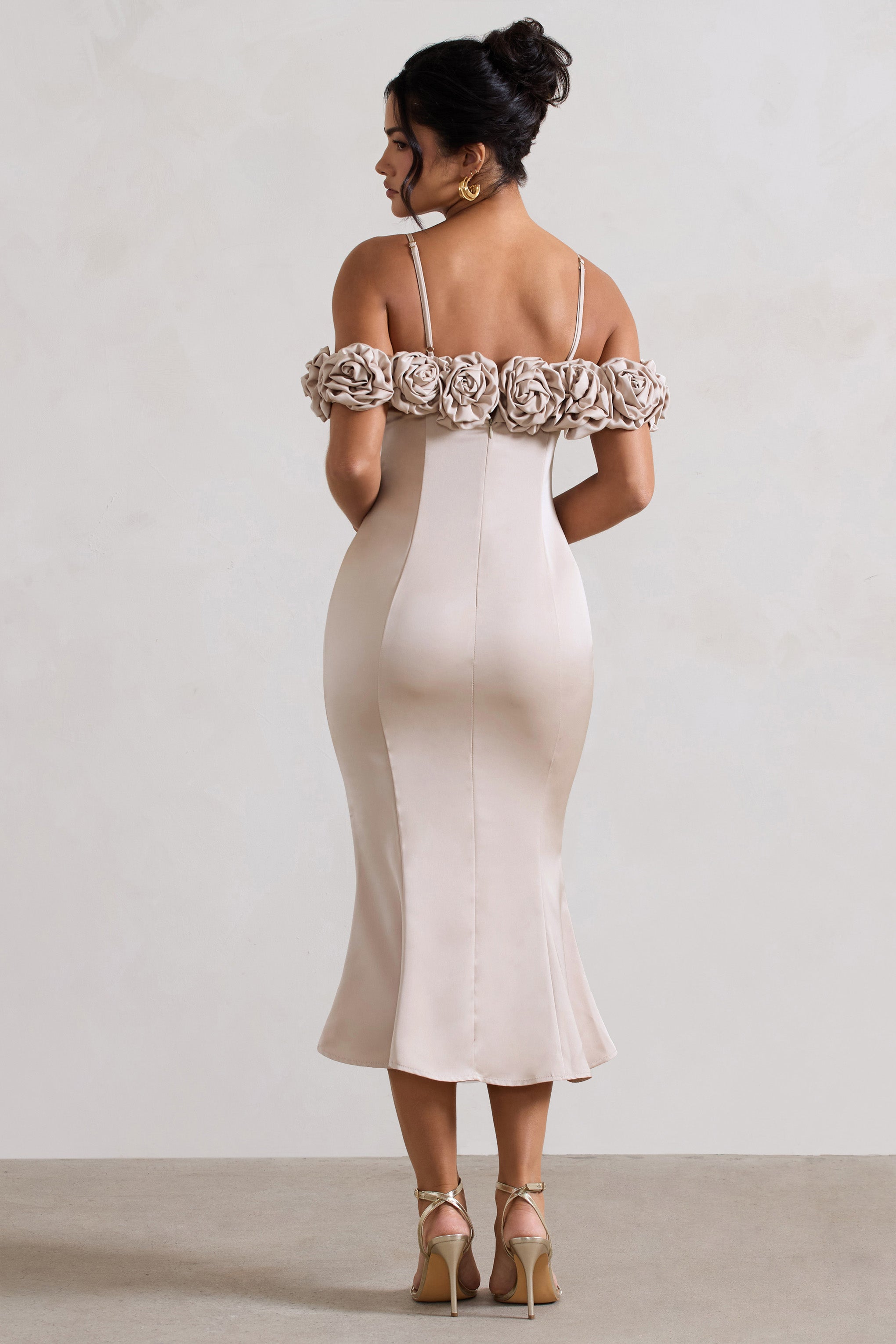 Petunia | Champagne Satin Floral Bardot Midi Dress