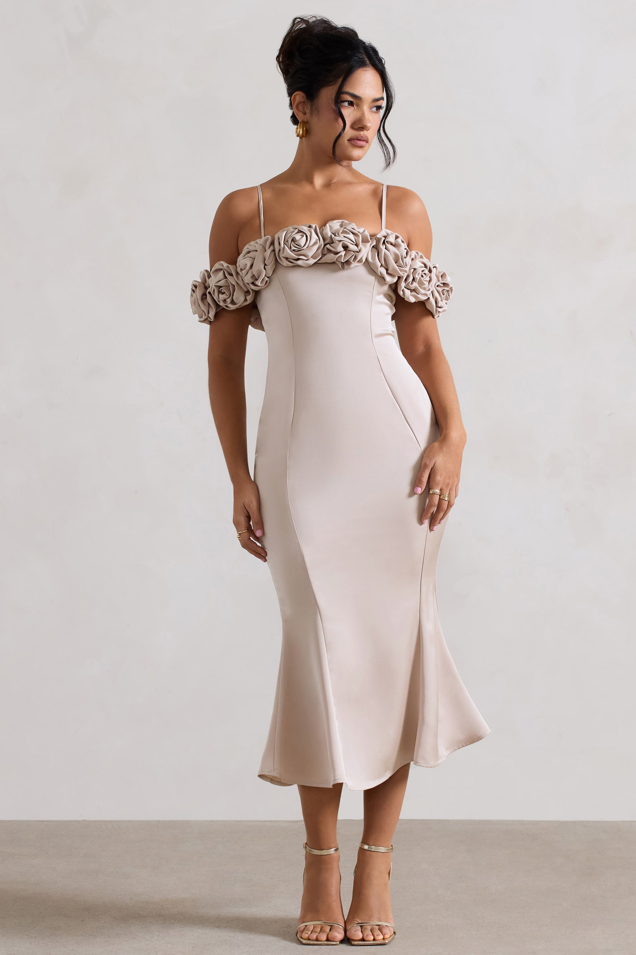 Petunia | Champagne Satin Floral Bardot Midi Dress