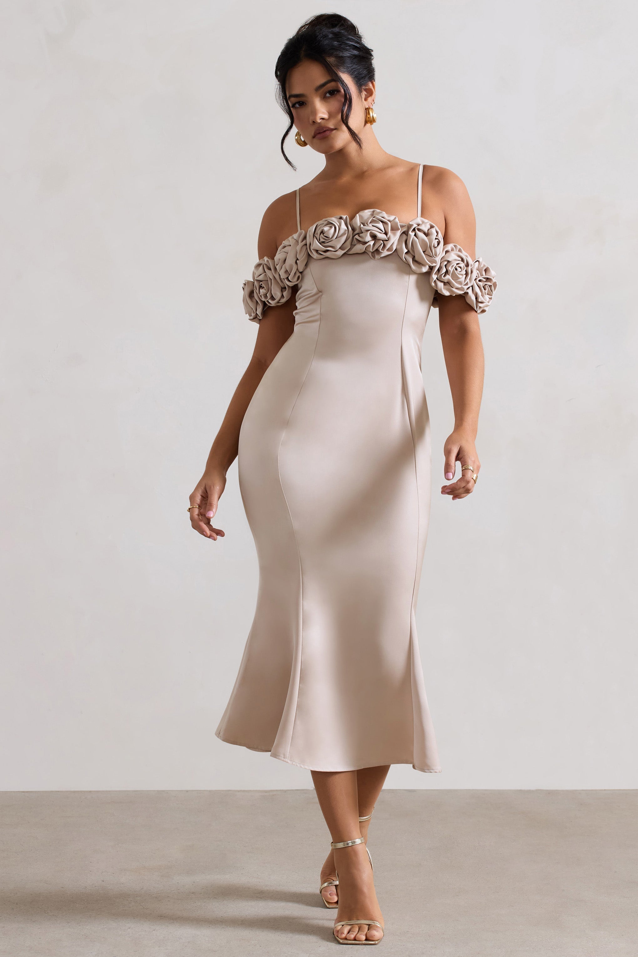 Petunia | Champagne Satin Floral Bardot Midi Dress