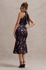 Violette | Black Ditsy Floral Print Satin High-Neck Split Midi Dress