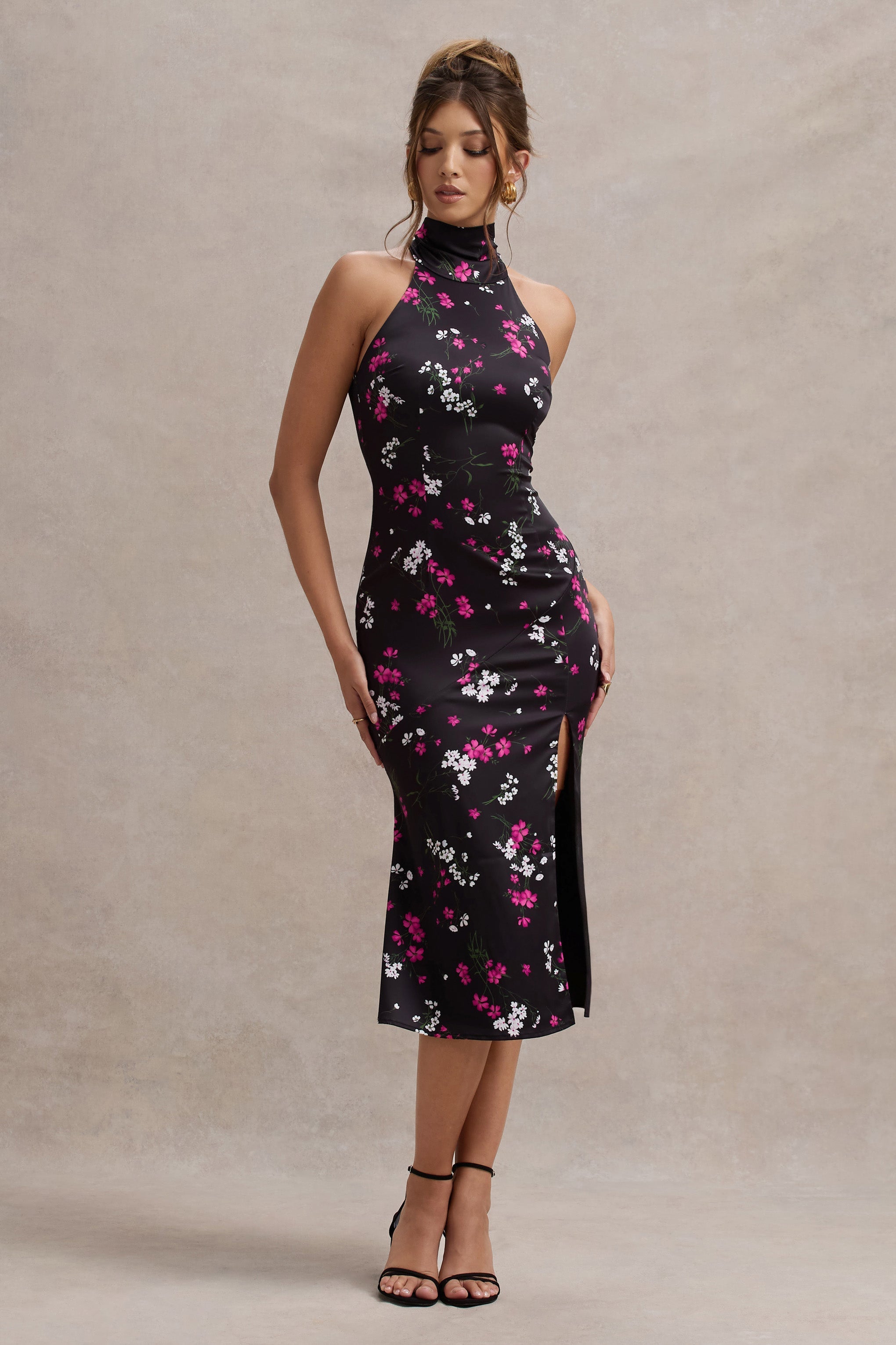 Violette | Black Ditsy Floral Print Satin High-Neck Split Midi Dress