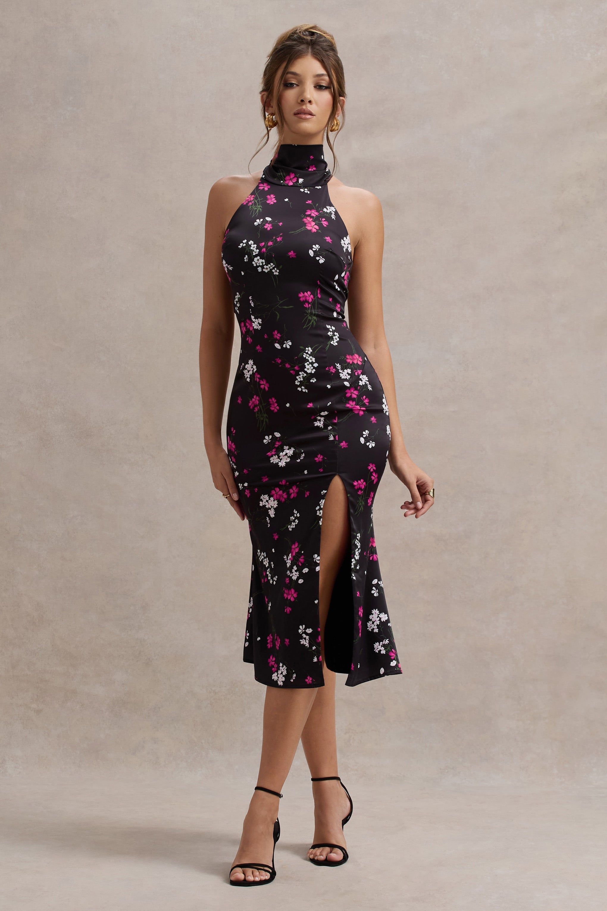 Violette | Black Ditsy Floral Print Satin High-Neck Split Midi Dress