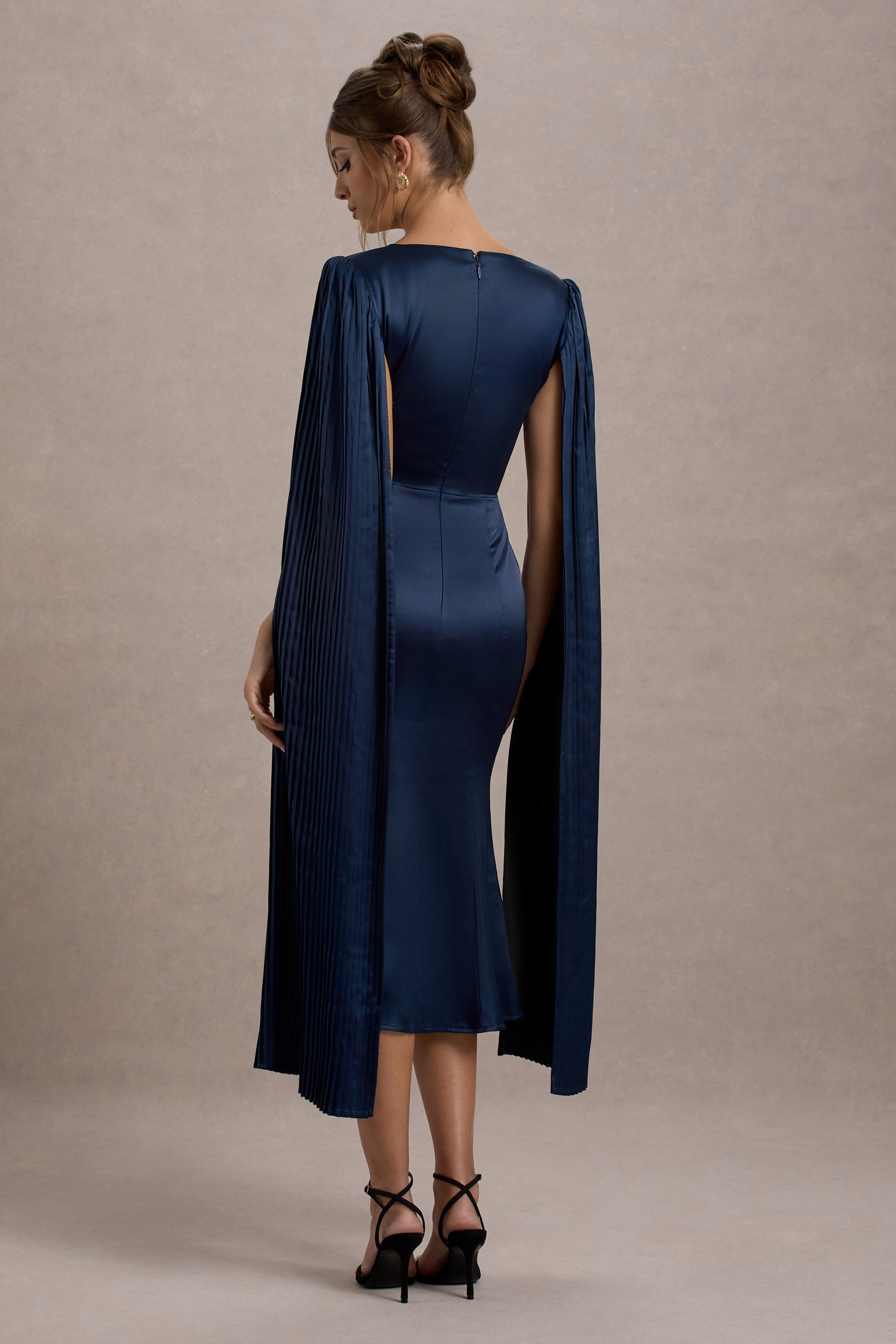 Nalda | Navy Square-Neck Midi Dress With Cape Sleeves