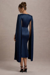 Nalda | Navy Square-Neck Midi Dress With Cape Sleeves