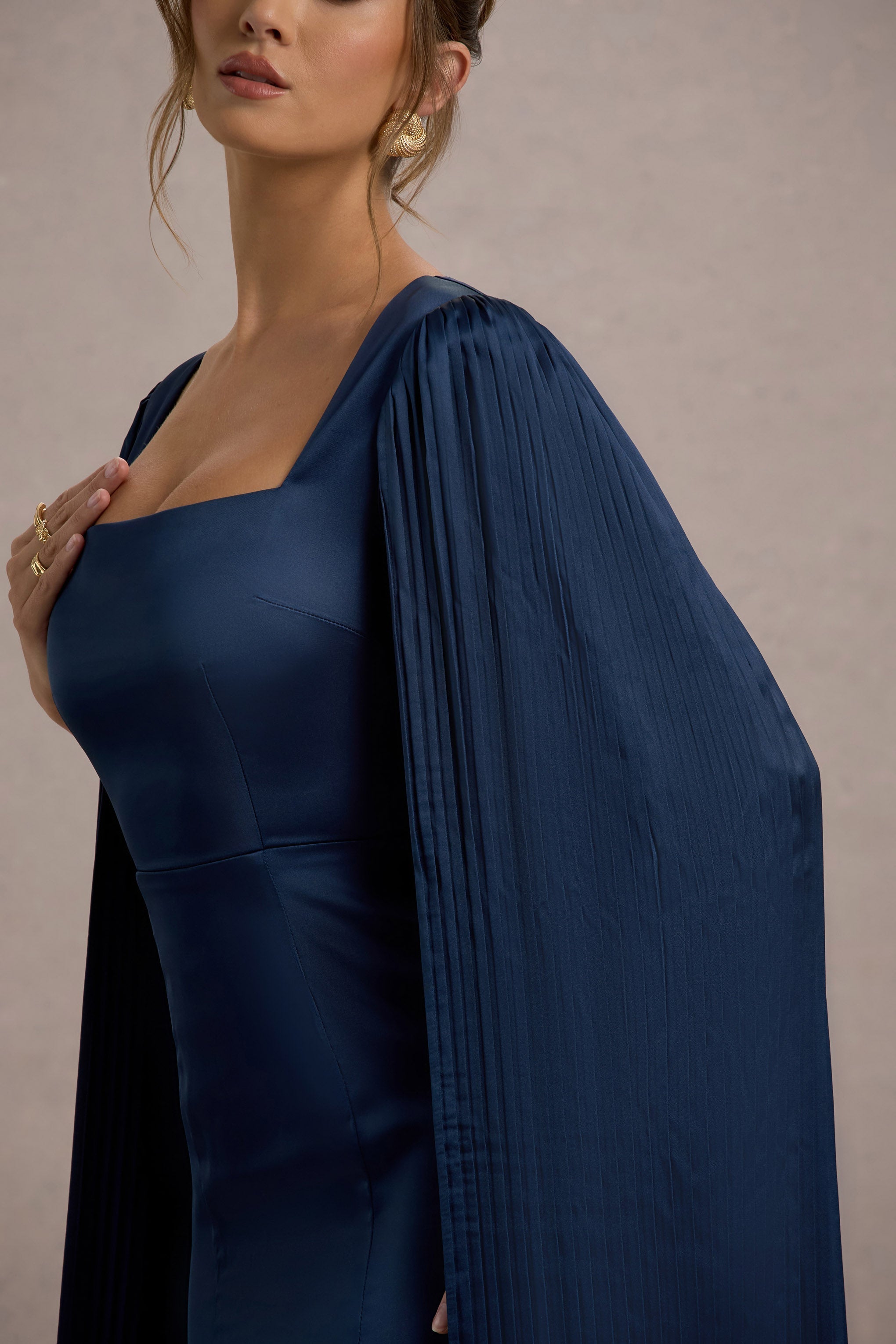 Nalda | Navy Square-Neck Midi Dress With Cape Sleeves