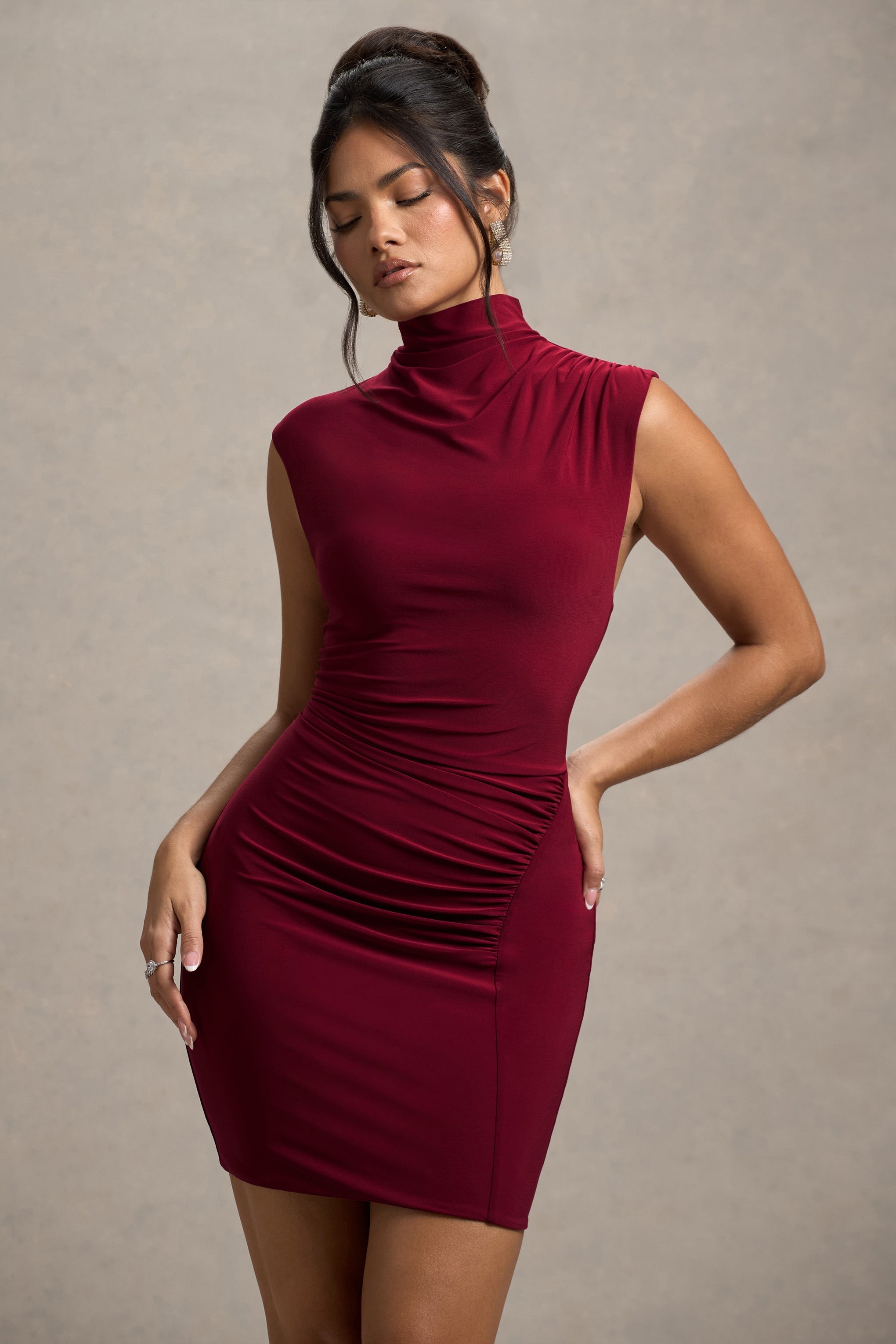 Lalani | Wine Ruched High-Neck Mini Dress