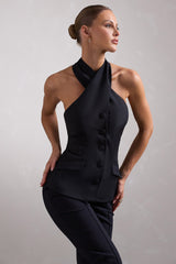 Remi | Black Cross Halter Neck Sleeveless Tailored Top