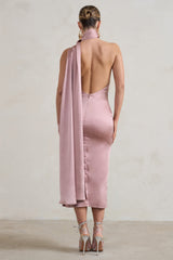 Madame | Blush Pink Satin Asymmetric Scarf Neck Backless Midi Dress