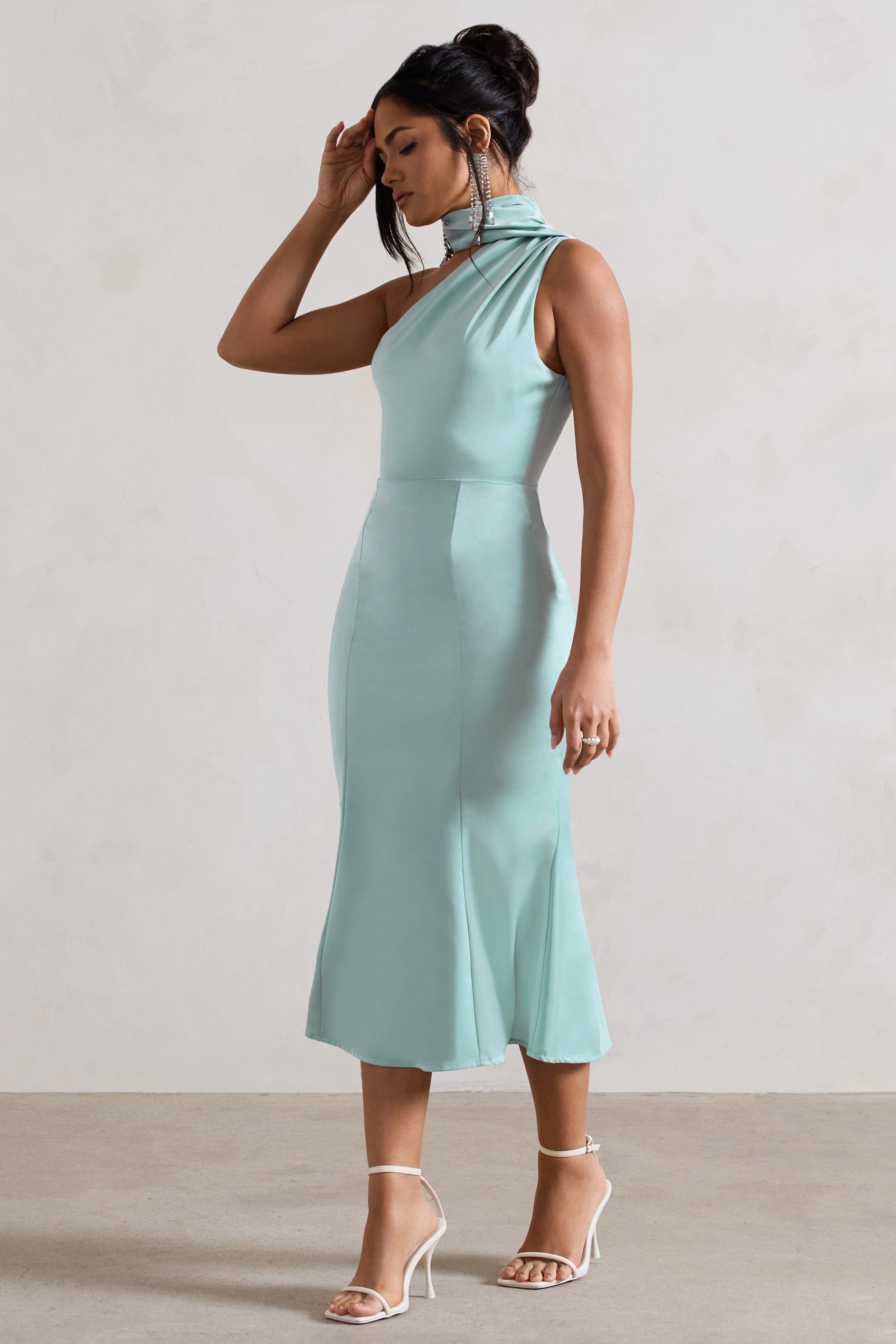 Golden Girl | Mint Satin One Shoulder High-Neck Flared Midi Dress