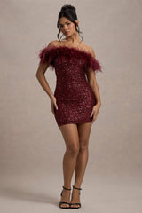 New Money | Burgundy Bodycon Sequin Mini Dress With Feather Trim