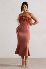 One And Only | Rust Satin Feather Trim Bandeau Midi Dress