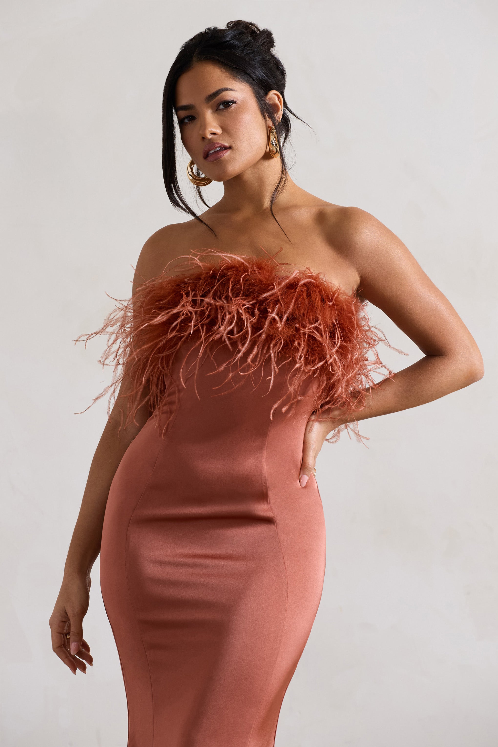 One And Only | Rust Satin Feather Trim Bandeau Midi Dress