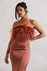 One And Only | Rust Satin Feather Trim Bandeau Midi Dress