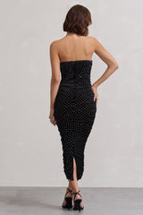 In A Daze | Black Bodycon Embellished Strapless Midi Dress