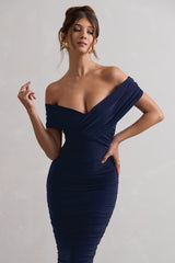 Unwrapped | Navy Ruched Twist Bardot Midi Dress