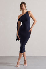 Adapt | Navy Asymmetric Midi Dress With Tie Sleeve