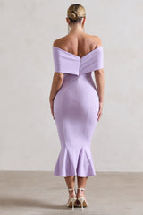 Lydia | Pastel Lilac Bardot Bow Detail Midi Dress