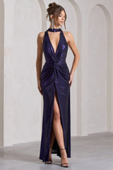 Lost | Purple Metallic Halter-Neck Cut-Out Split Maxi Dress With Drape