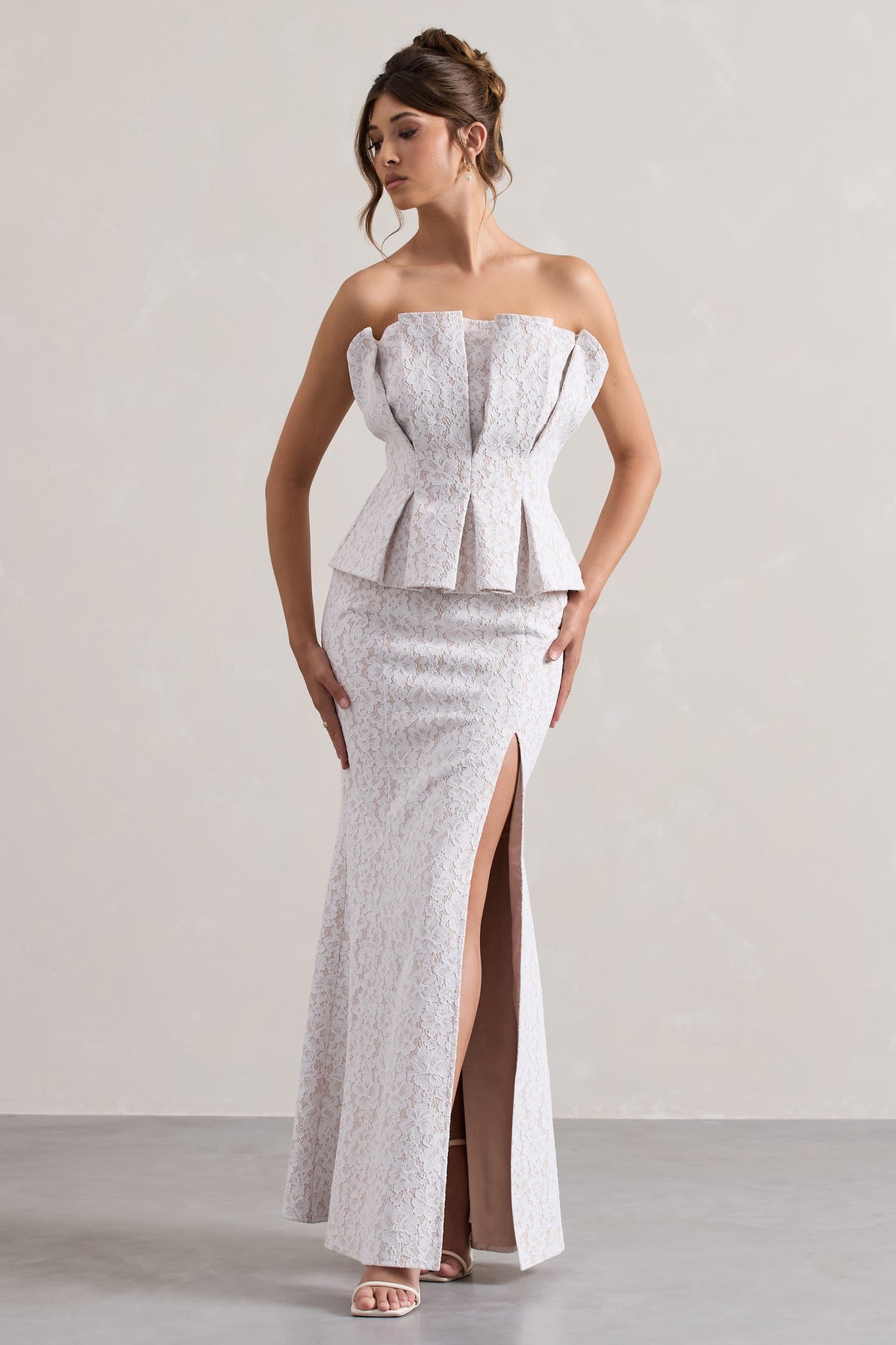 Kaleido | White Lace Strapless Ruffled Split Maxi Dress