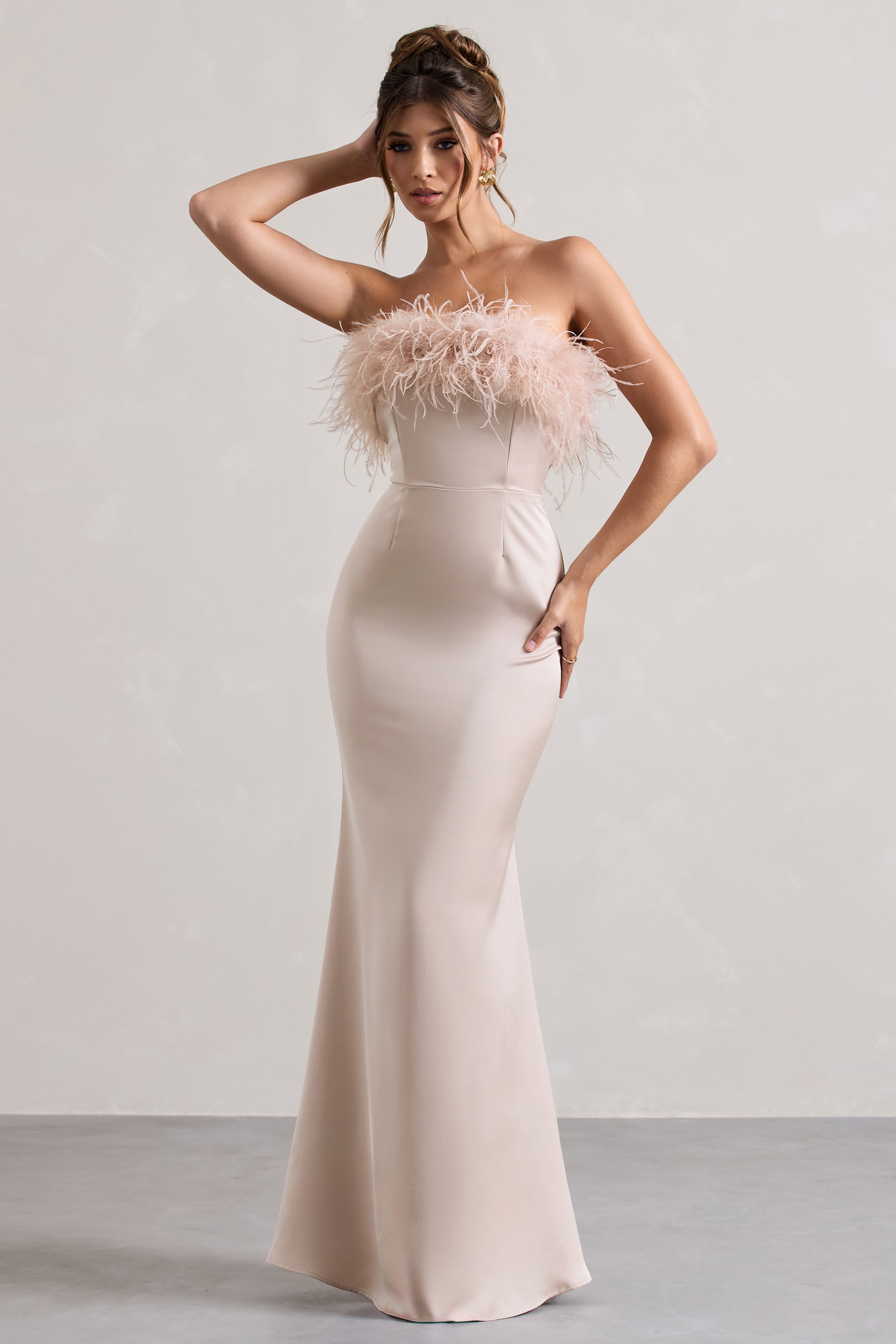 Dress For It | Champagne Satin Feather Trim Bandeau Maxi Dress
