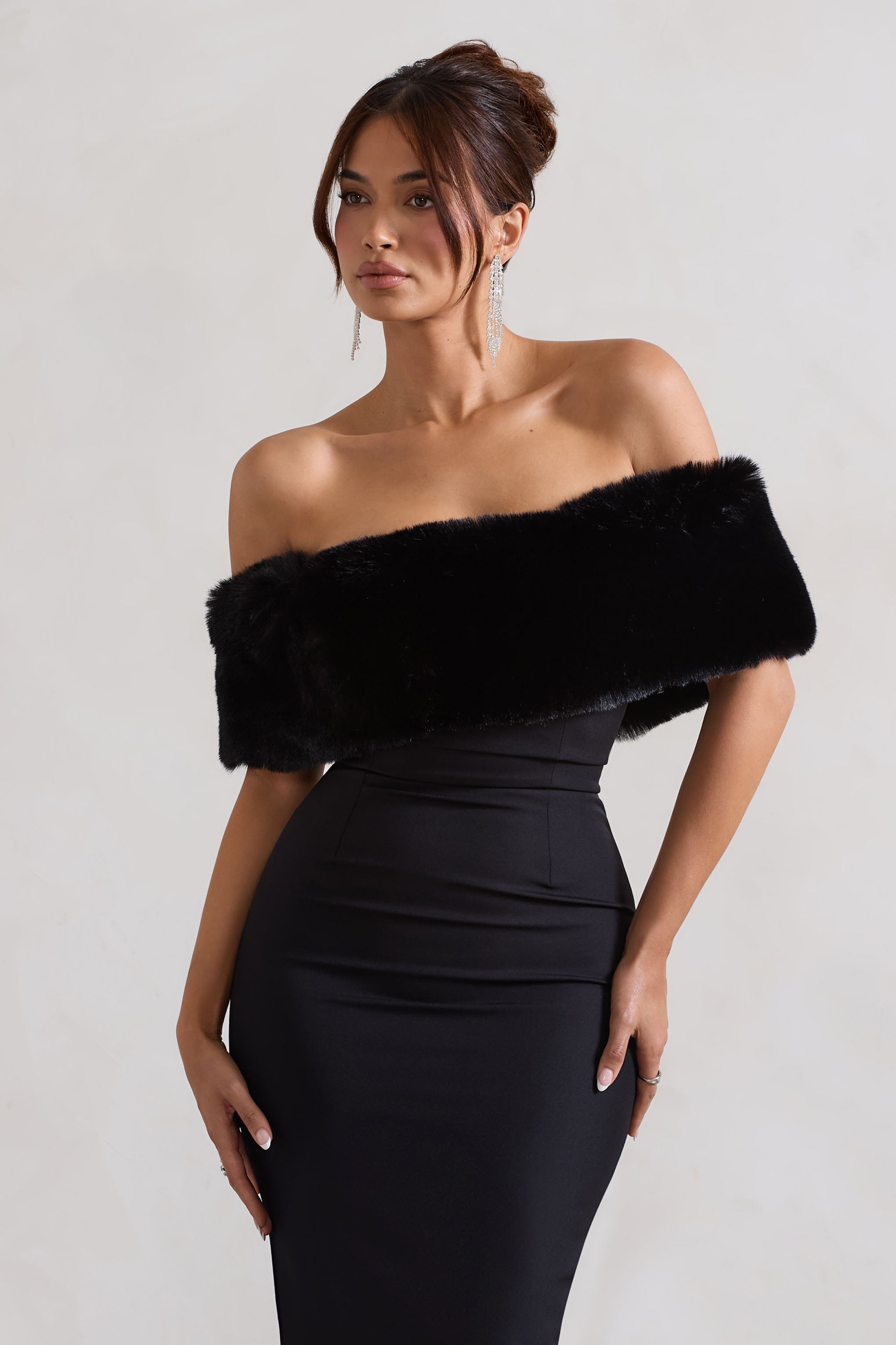 Zia | Black Bardot Midi Dress With Fur Trim