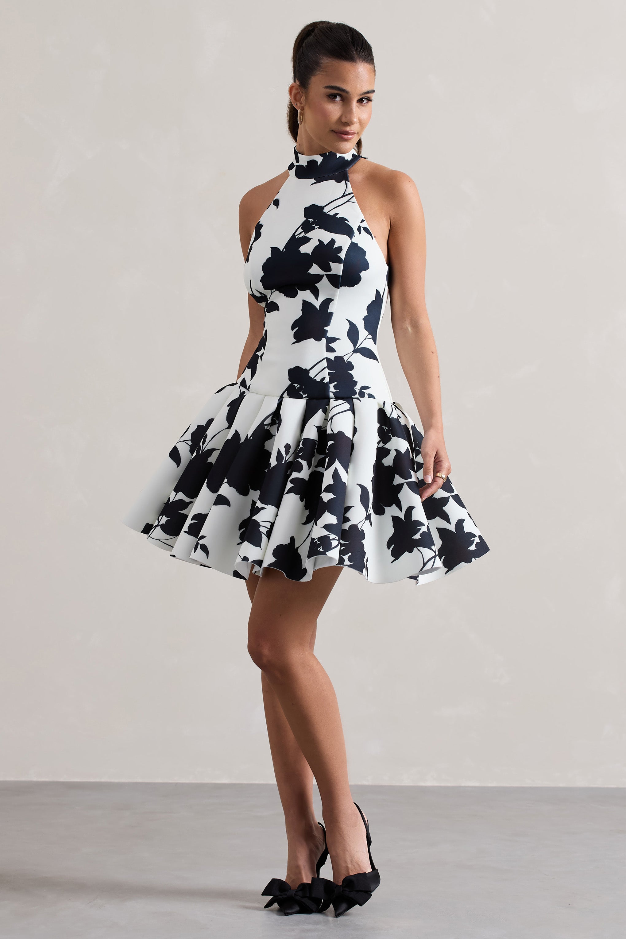 Masterpiece | Cream Floral Print High-Neck Mini Dress With Volume Hem