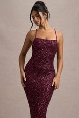 Cosmic | Berry Sequin Square-Neck Strappy Maxi Dress