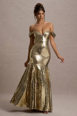 Guest Of Honour | Gold Sequin Bardot Maxi Dress