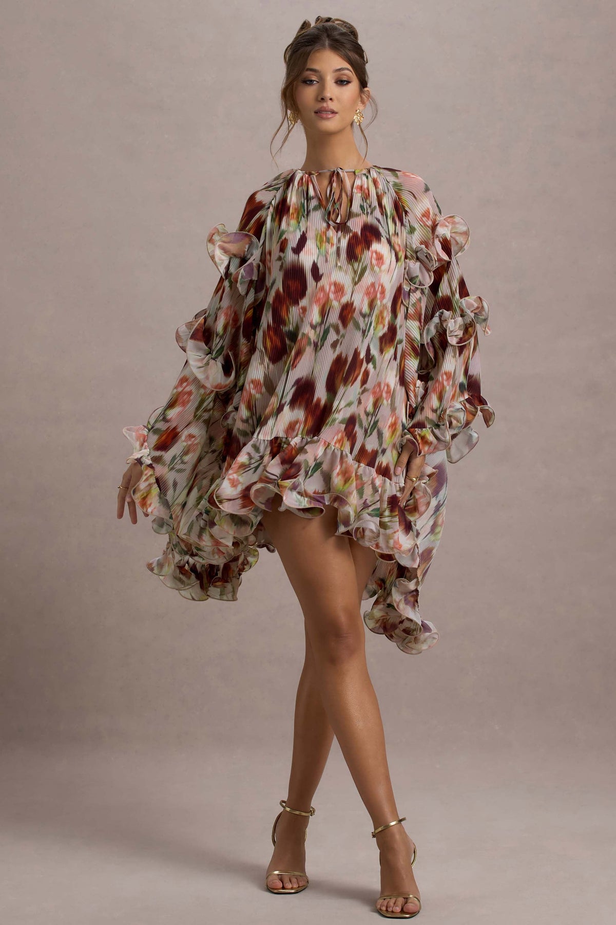 Abelia | Cream Floral Print High-Neck Cape-Sleeve Chiffon Mini Dress