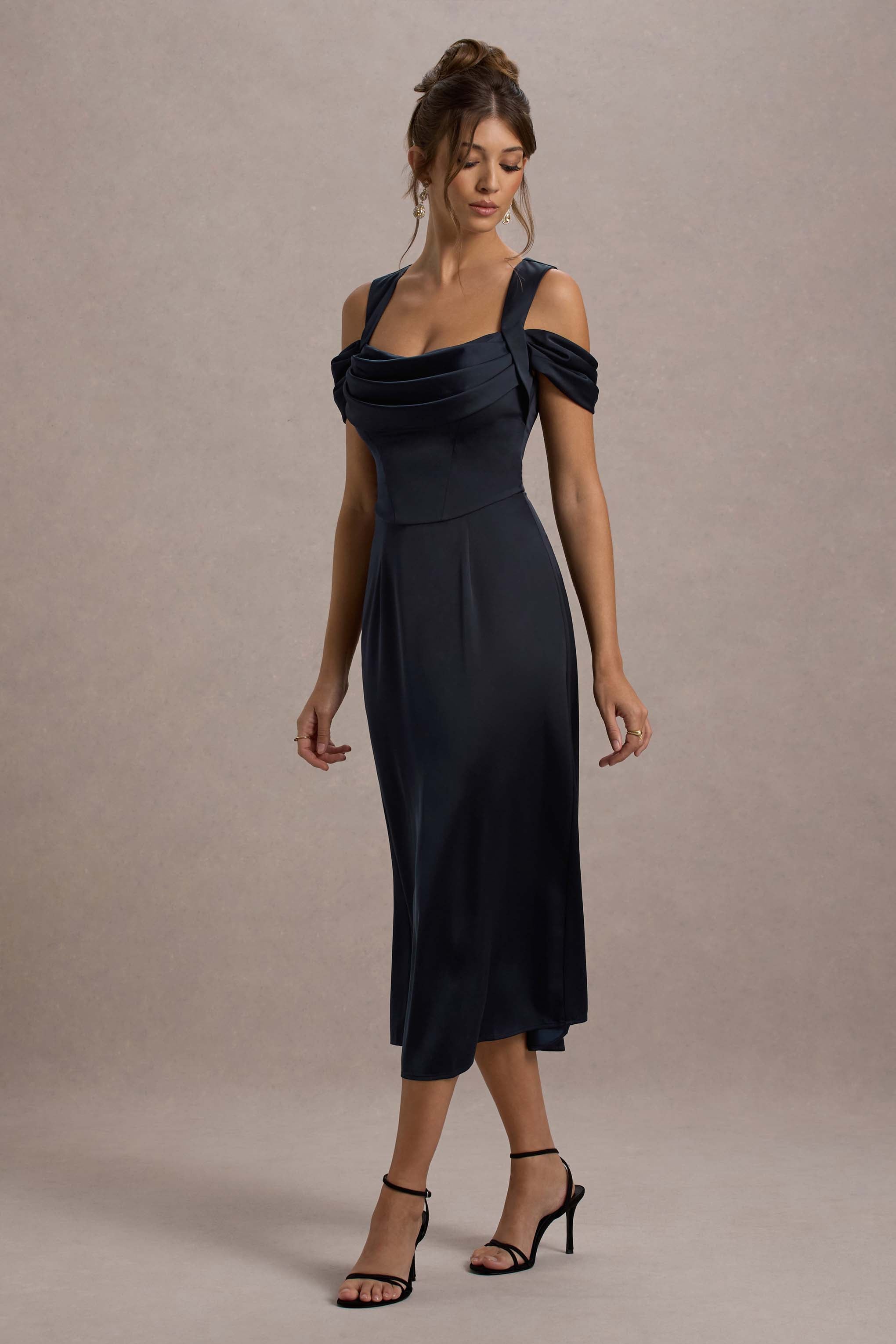 Sawyer | Navy Satin Draped Midi Dress