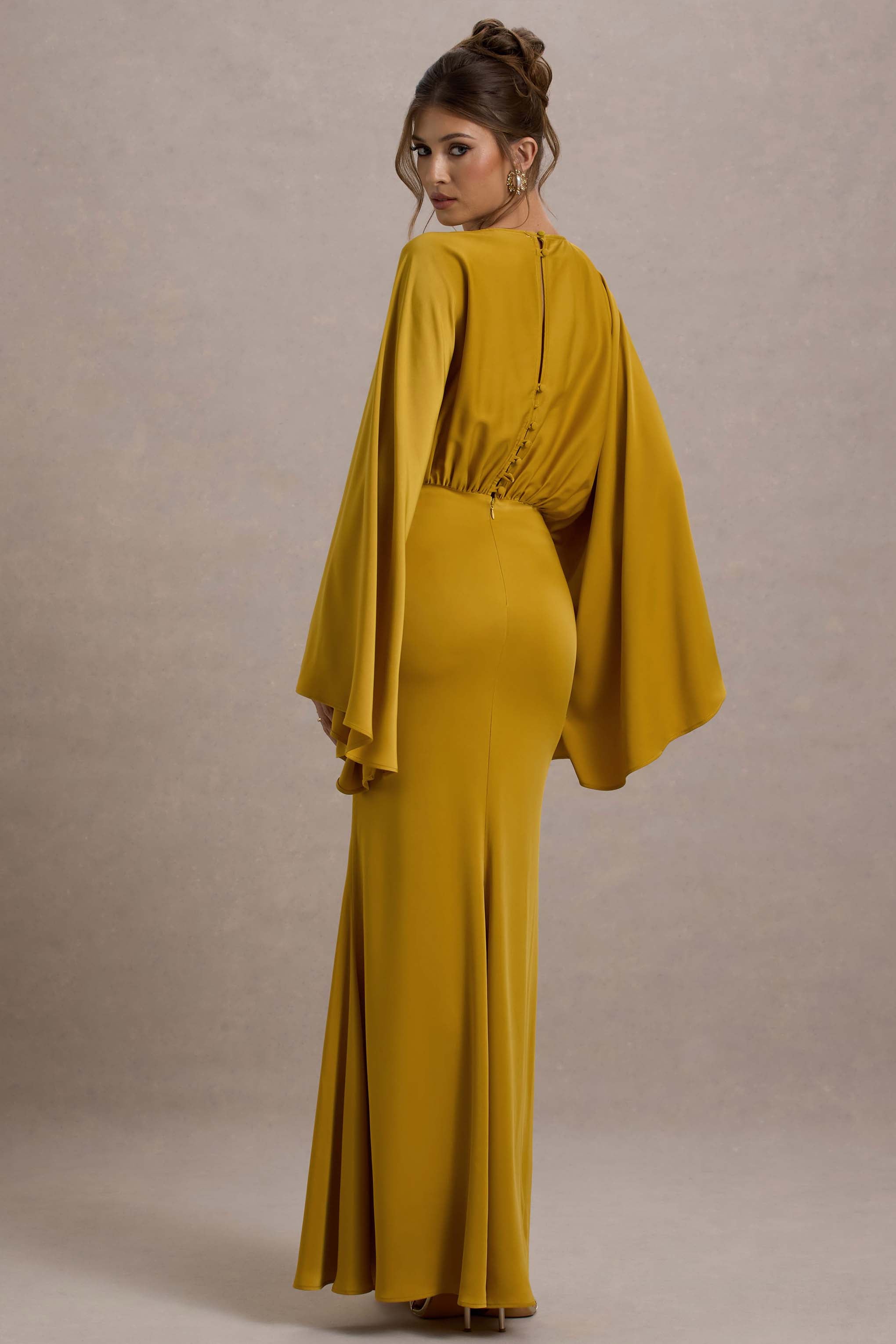 Zuzanna | Mustard Draped Maxi Dress With Cape Sleeves