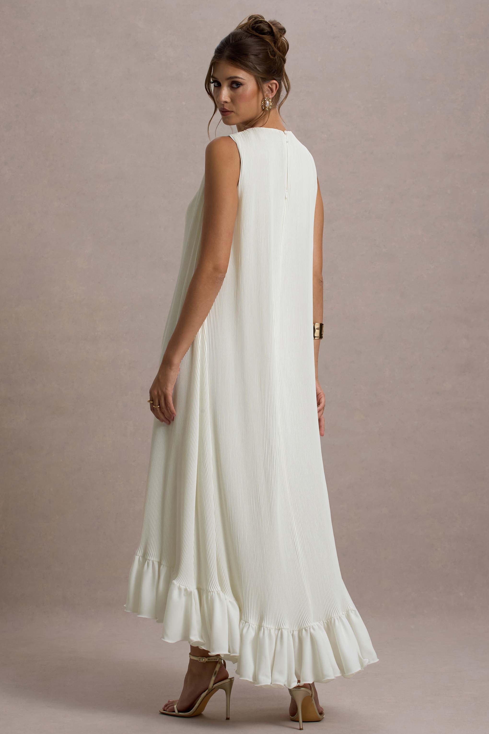 Hazelle | Cream Chiffon A-Line Ruffled Maxi Dress