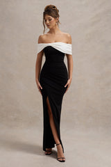 Eva | Black & White Bardot Bow Detail Maxi Dress With Thigh Split