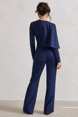 Erika | Navy Plunge Jumpsuit with One-Shoulder Cape Overlay