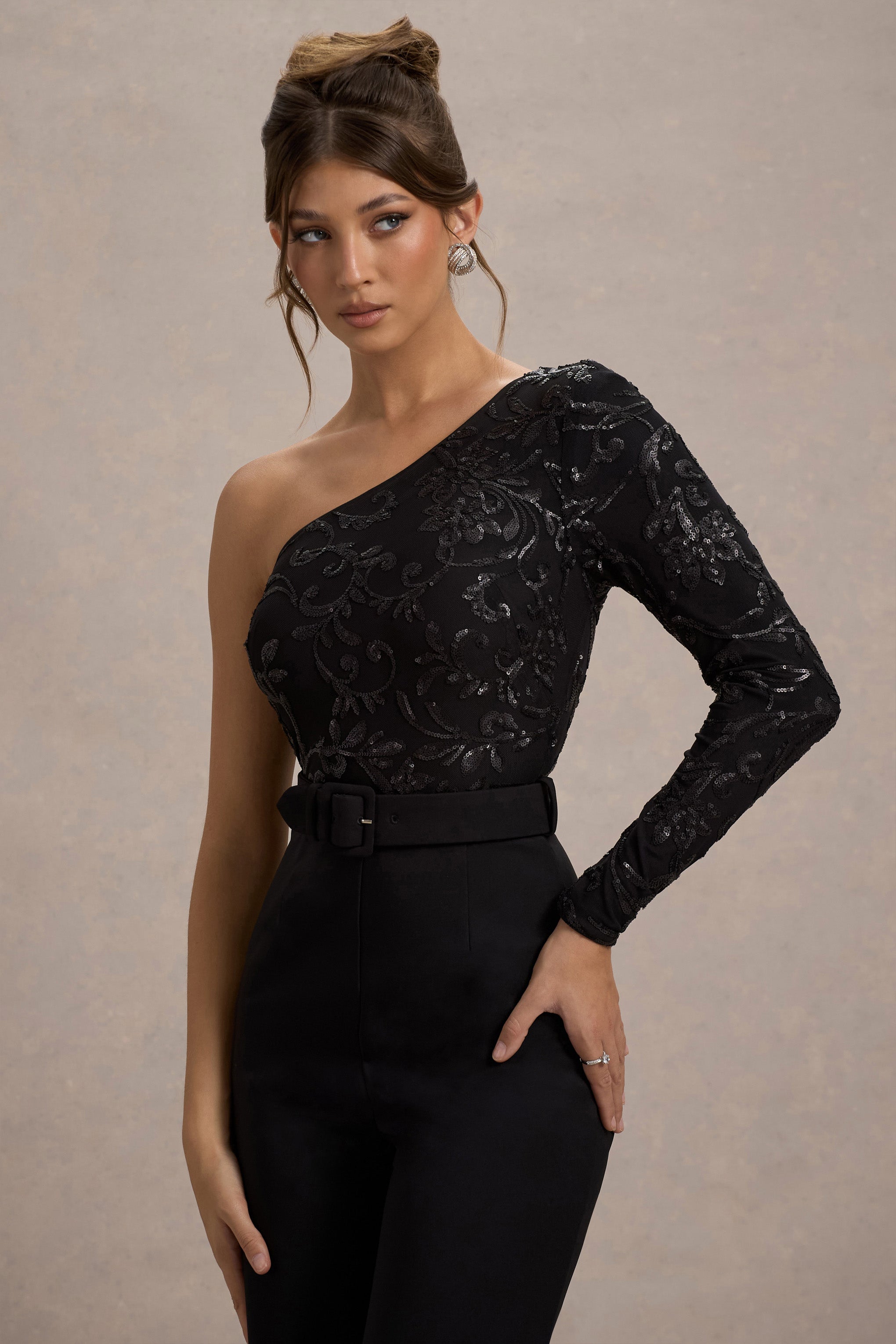 Upgrade | Black Lace Asymmetric Belted Wide-Leg Jumpsuit