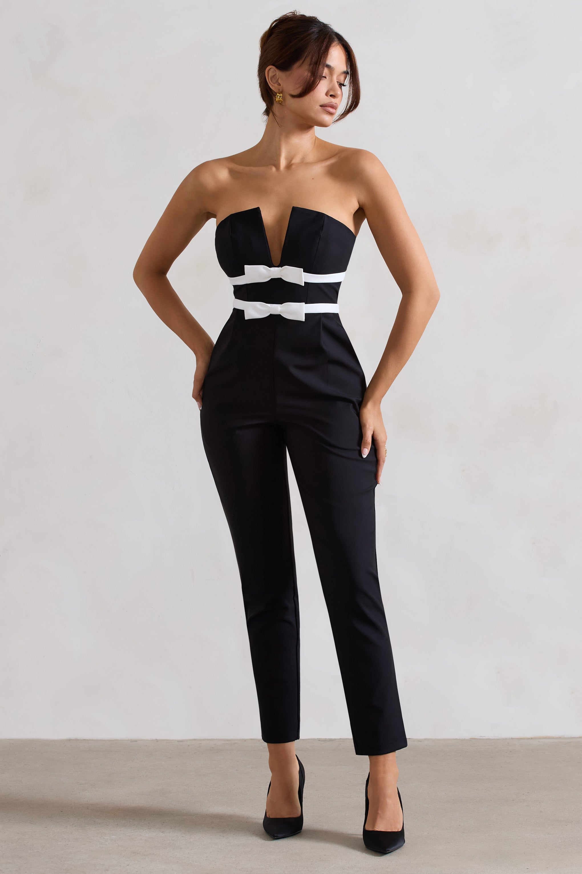Casta | Black Strapless Tailored Straight-Leg Jumpsuit With Bows