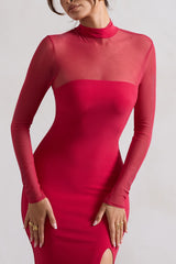 Enchantress | Red High-Neck Split Maxi Dress With Mesh Sleeves