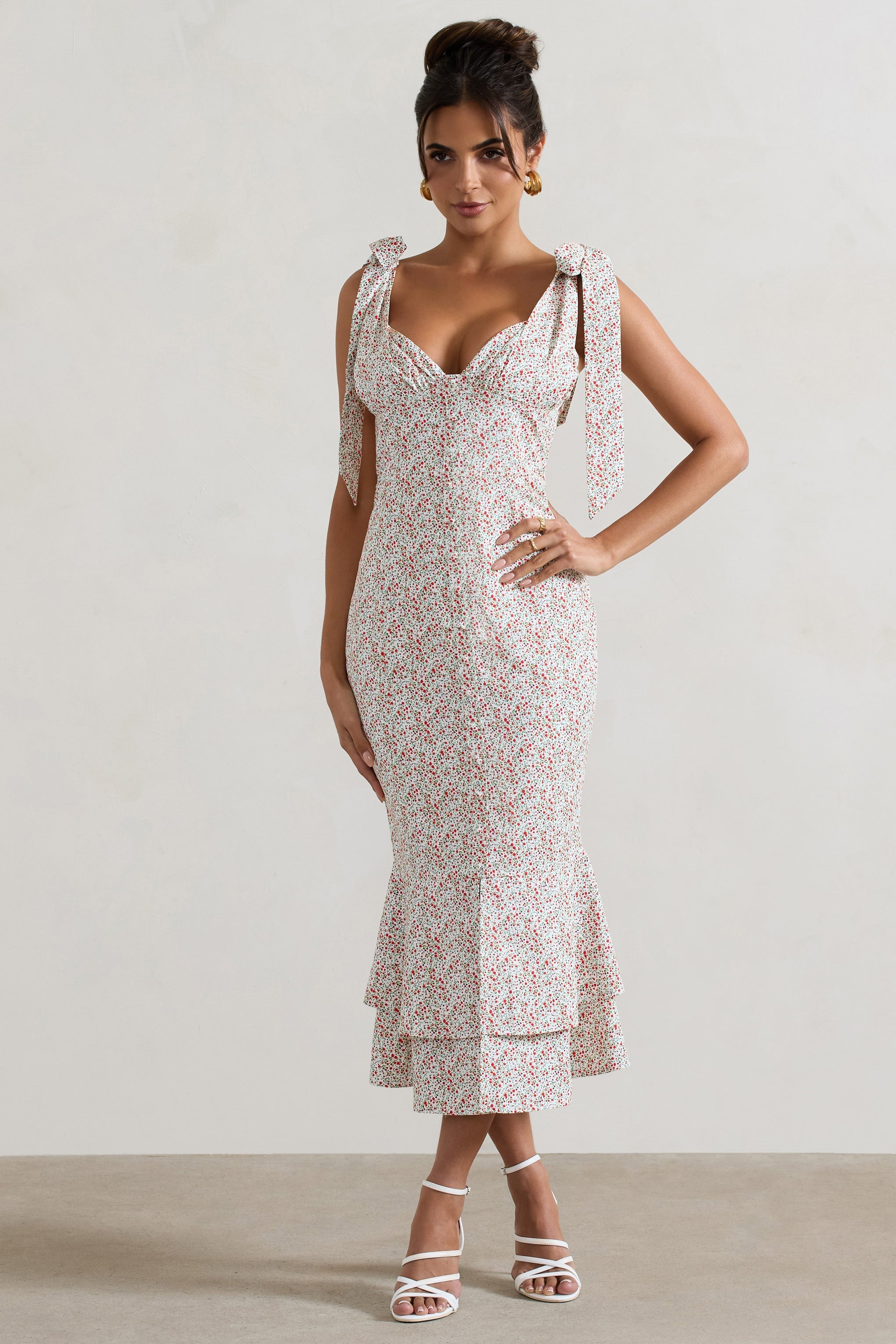 Caserta | White & Red Floral Buttoned Midi Dress With Flared Hem