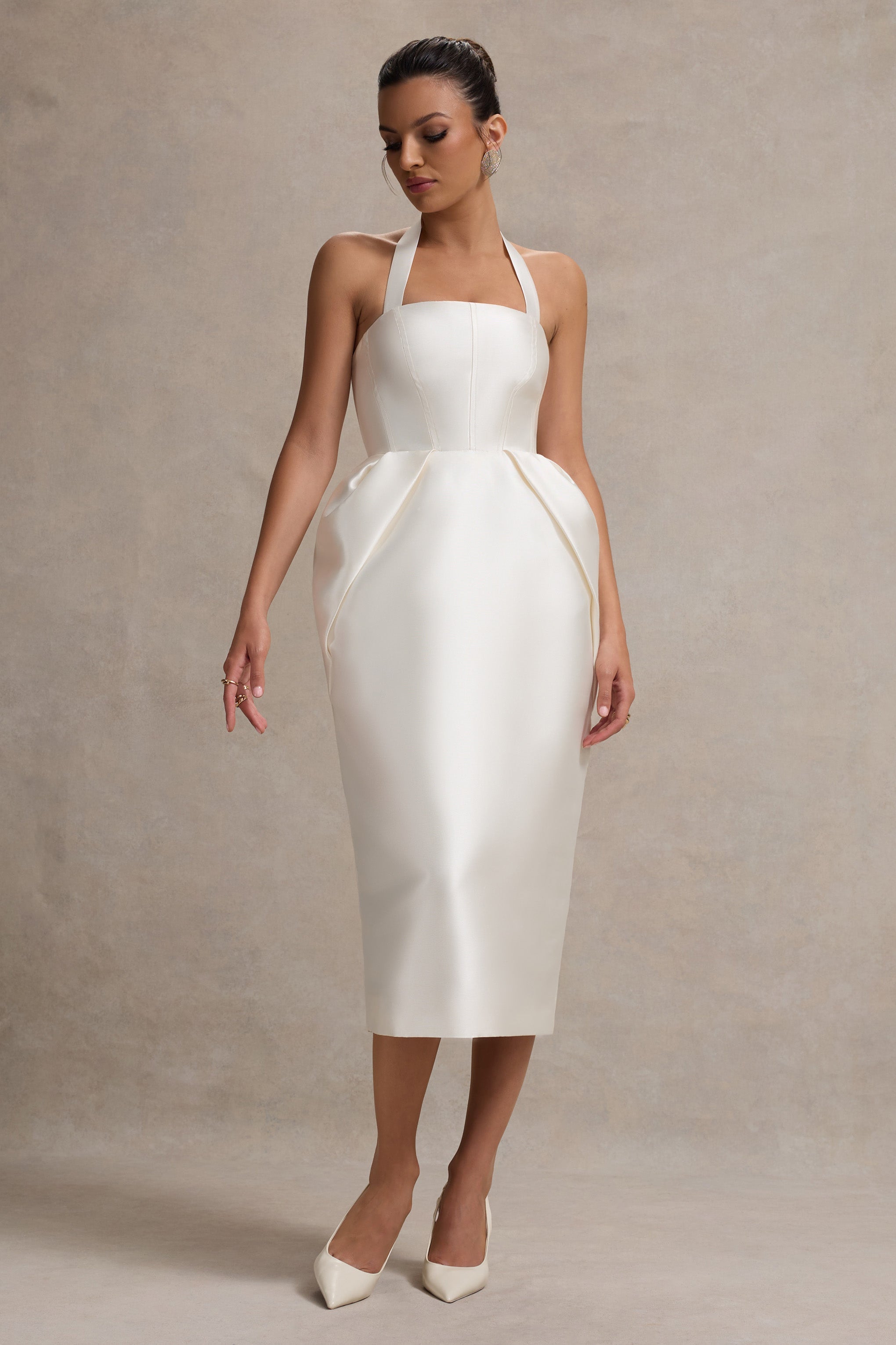 Cosetta | White Halter-Neck Midi Dress With Tulip Skirt