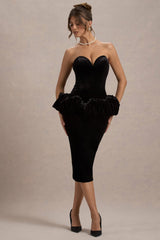 Sarifa | Black Velvet Strapless Corset Midi Dress With Ruffle Peplum