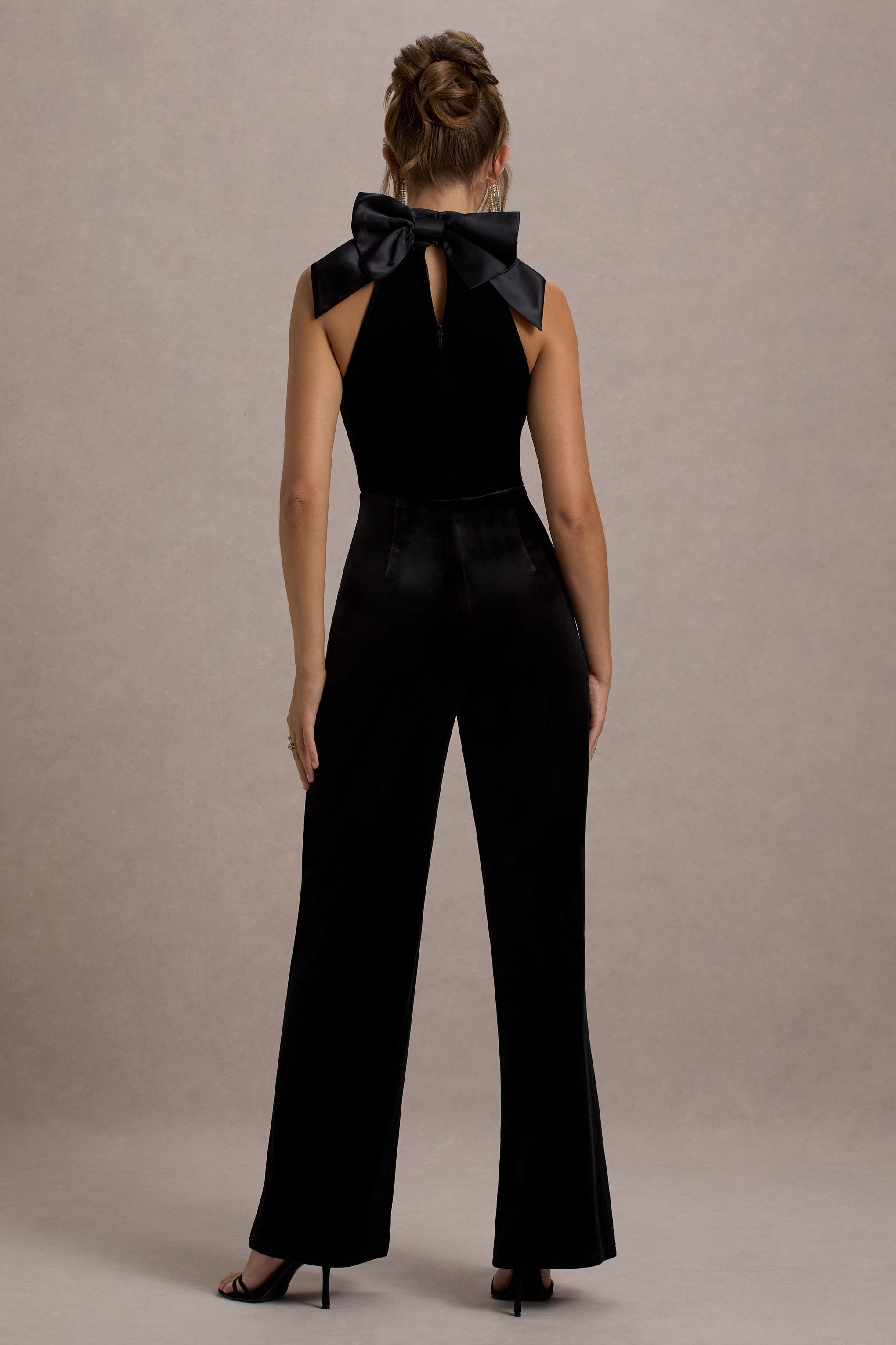 Alondra | Black Velvet High-Neck Straight-Leg Jumpsuit