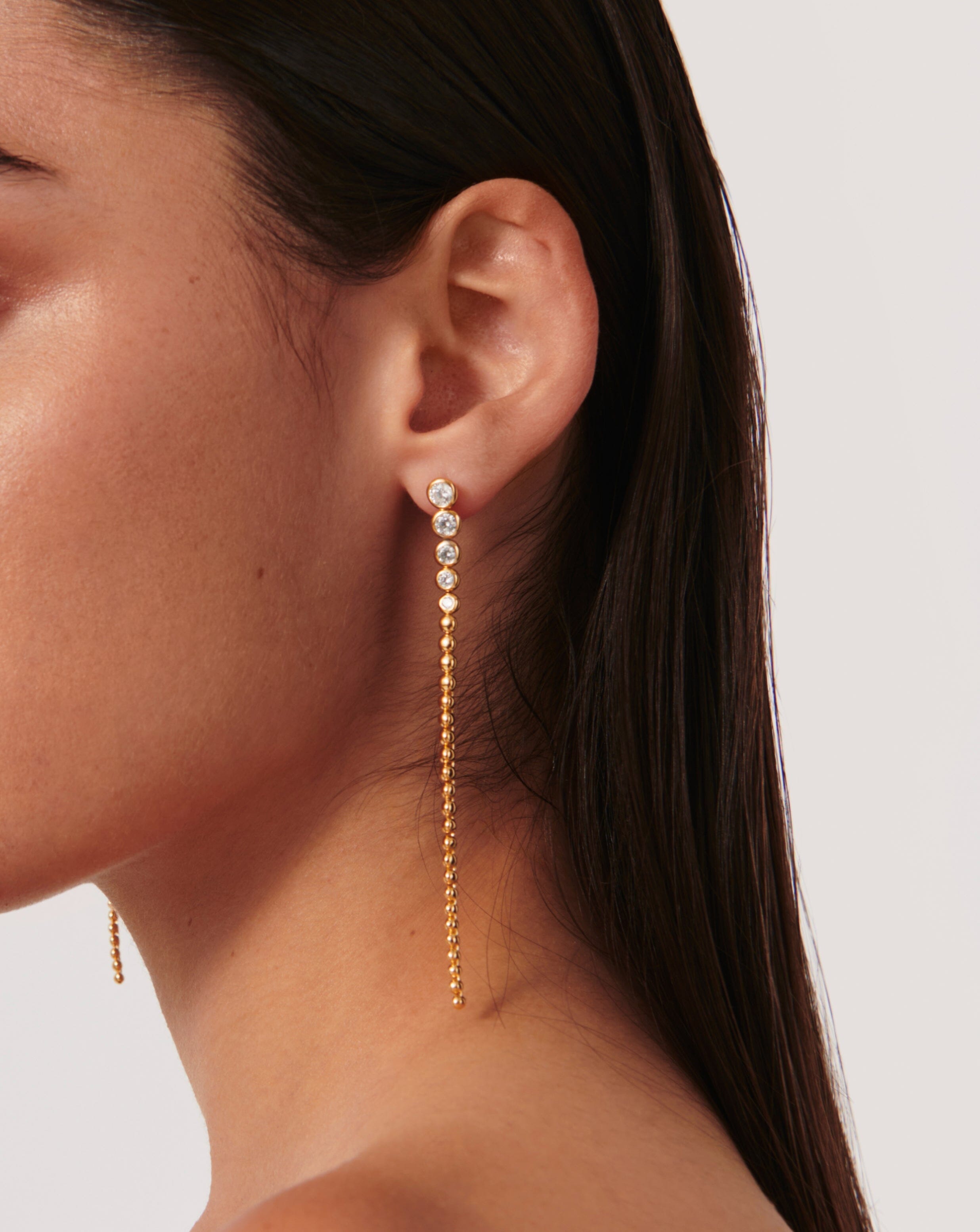 Tennis Beaded Stone Extra Long Drop Earrings | 18k Gold Vermeil/Cubic Zirconia