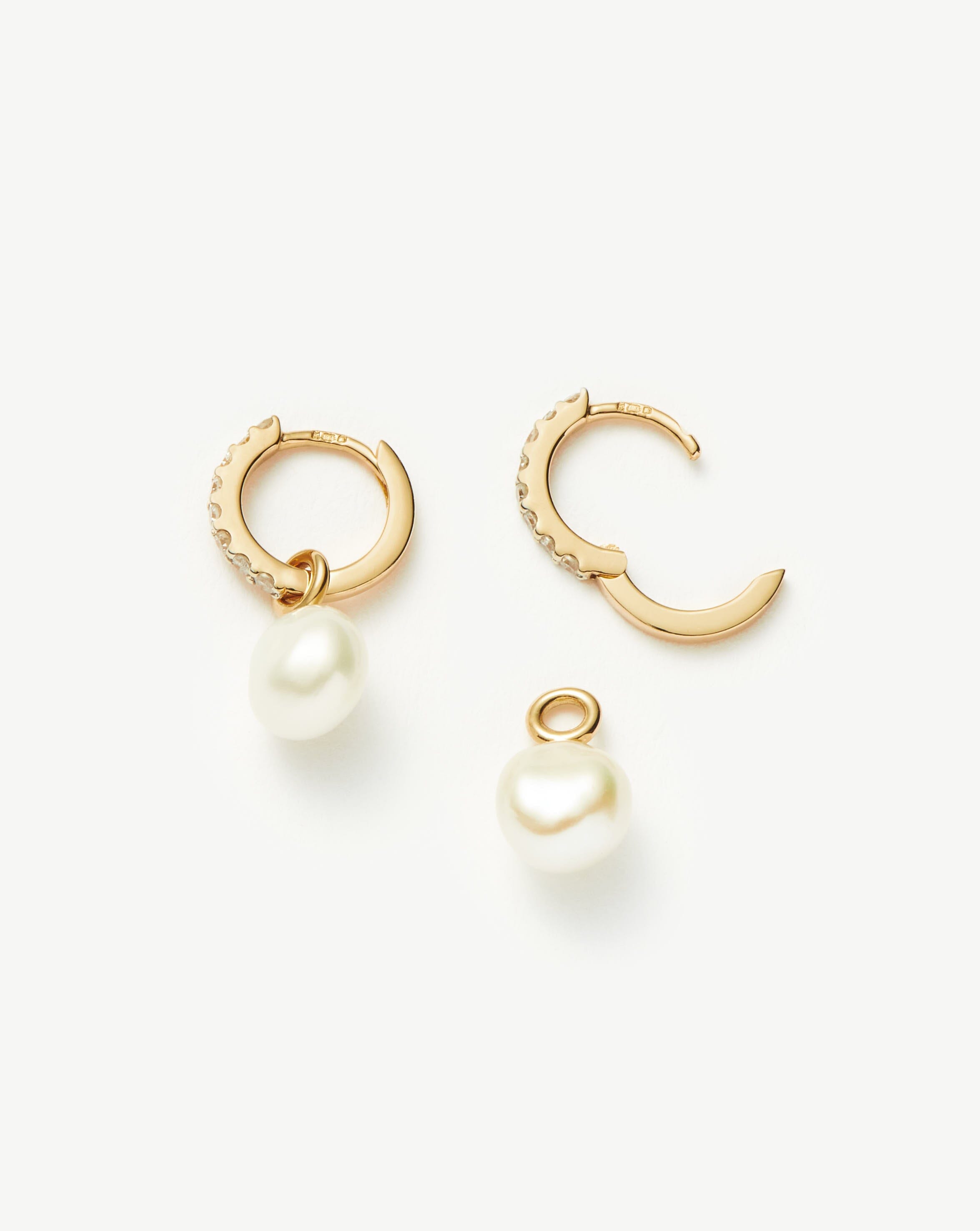 Fine Diamond & Pearl Charm Hoop Earrings | 14k Solid Gold/Pearl & Diamond