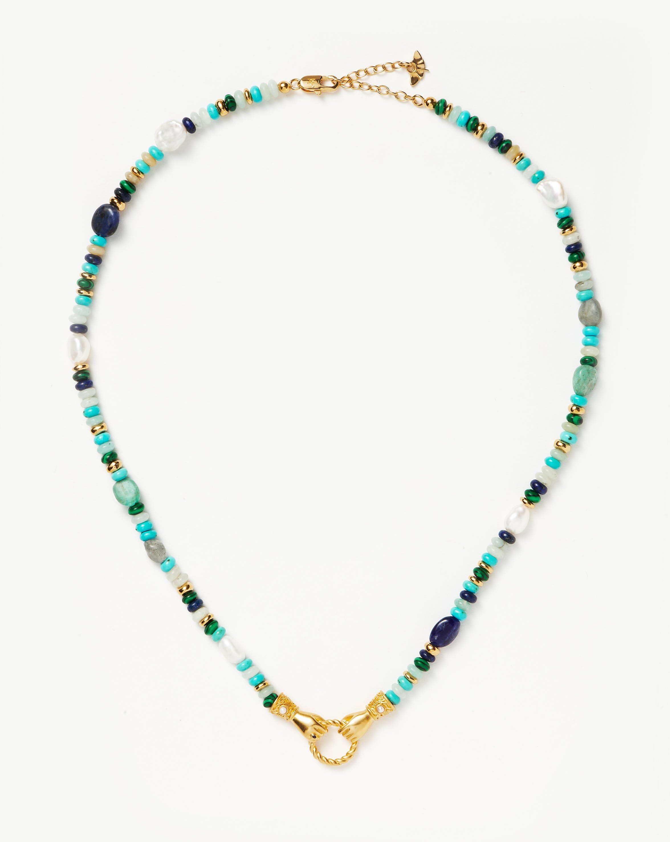 Harris Reed In Good Hands Beaded Gemstone Necklace | 18k Gold Plated/Turquoise, Lapis & Pearl