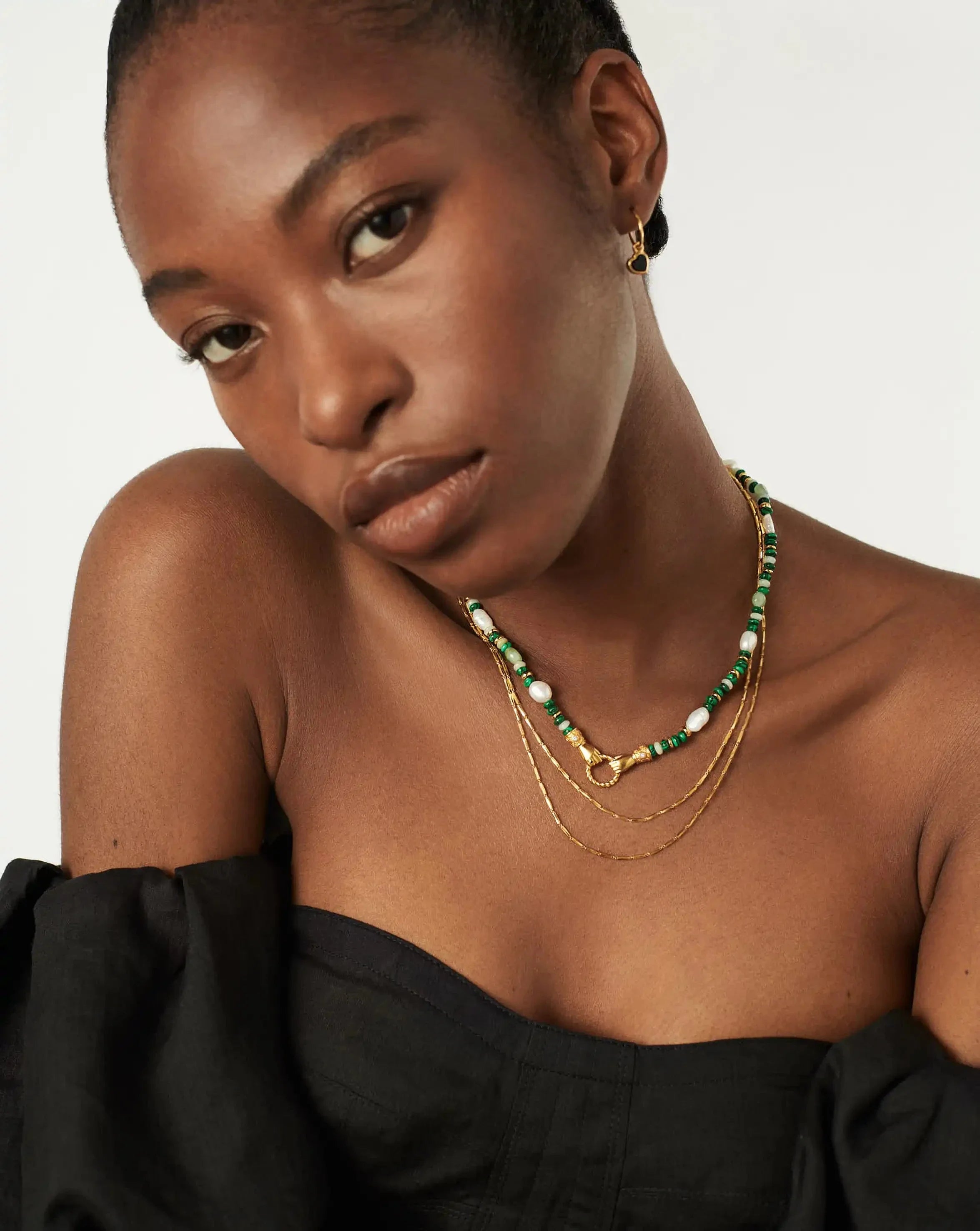 Harris Reed In Good Hands Beaded Gemstone Necklace | 18k Gold Plated/Multi Green Gemstone & Pearl